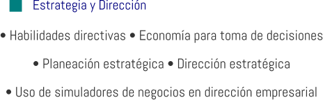 Estrategia y Dirección • Habilidades directivas • Economía para toma de decisiones • Planeación estratégica • Dirección estratégica • Uso de simuladores de negocios en dirección empresarial